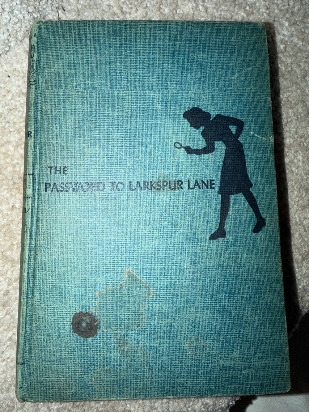 Nancy Drew The Password To Larkspur blue cover with black Silhouette